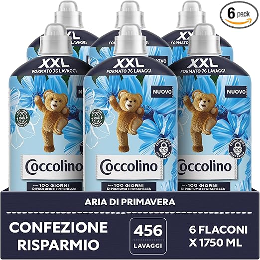 Coccolino Ammorbidente Concentrato Aria di Primavera,  Formato XXL Fino a 456 Lavaggi, 6 Pezzi da 1750 ml